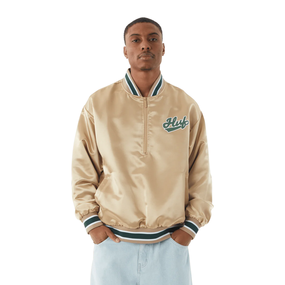 POP FLY SATIN BASEBALL JACKET - TAN